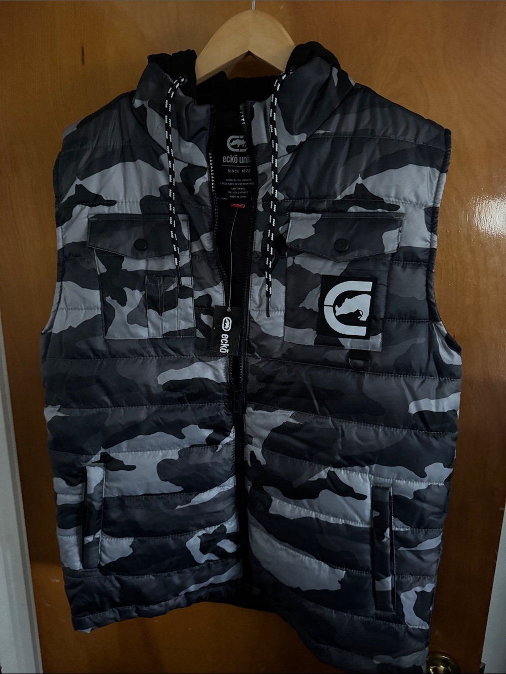 Camo Puffer Vest Mens Small Black Ecko Hooded